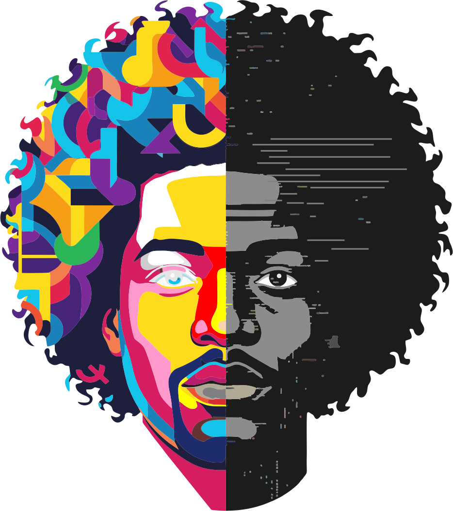 An artistic illustration of Dennis Ad's face, split with vibrant colors on one side and monochrome on the other.